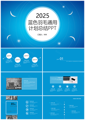 2025蓝色羽毛通用总结计划PPT模板
