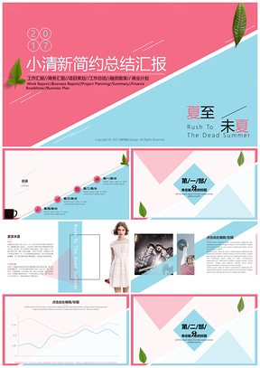 2025粉色蓝色小清新简约总结汇报PPT模板