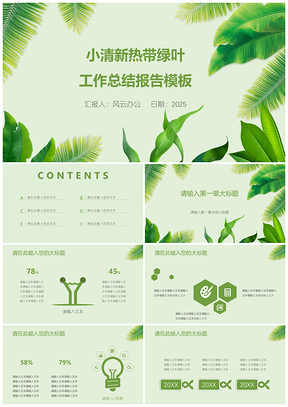 2025小清新热带绿叶工作总结报告PPT模板