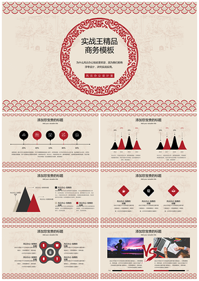 红色中国风花边复古简约商务PPT模板