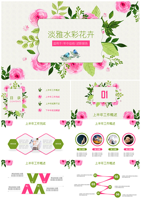 彩色手绘水彩工作业绩汇报总结通用PPT模板
