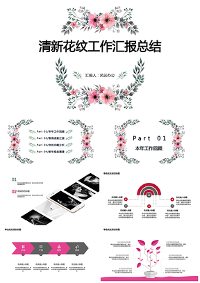 粉色年中总结清新花纹女神年中工作总结PPT模板