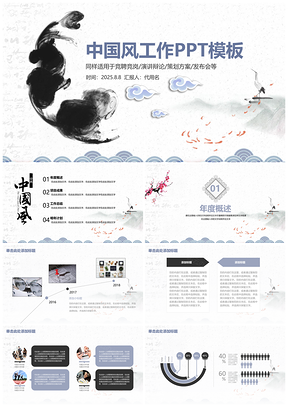 2025白色简约水墨中国风工作总结动态PPT模板