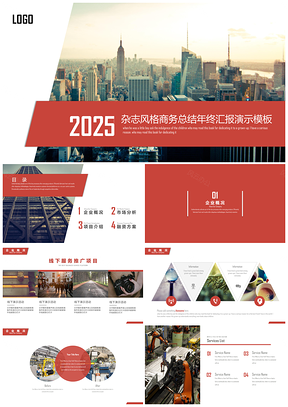 2025红色杂志风格商务总结年终汇报演示PPT模板