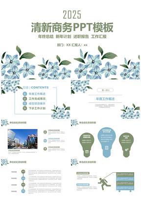 2025绿色简约手绘小清新商务年终总结计划动态PPT模板
