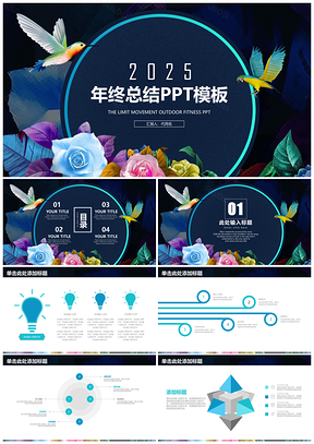 2025蓝色精美花鸟商务年终总结计划通用动态PPT模板