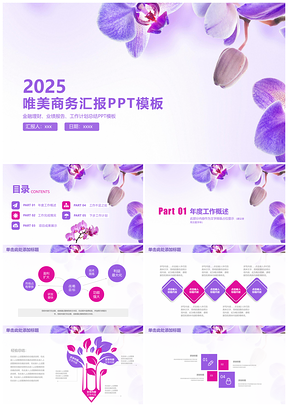 2025红色唯美清新蝴蝶兰商务工作总结汇报动态PPT模板
