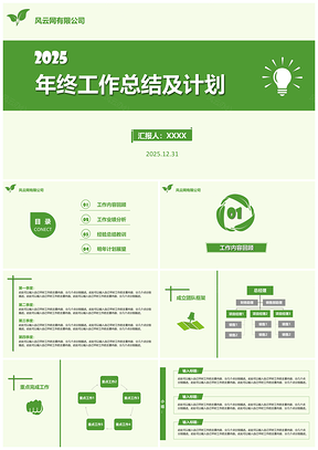 2025年终总结绿色商务简洁风总结汇报PPT模板