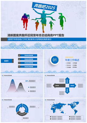2025蓝色清新图案怀旧背景年终总结个人工作汇报商务PPT模板