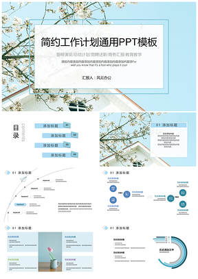花朵蓝色简约工作计划PPT模板