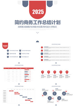 商务简约工作总结计划PPT模板（含多种进度图）