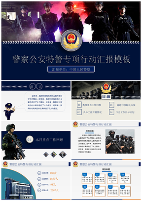 蓝色警察执法公安消防专项行动汇报动态PPT模板
