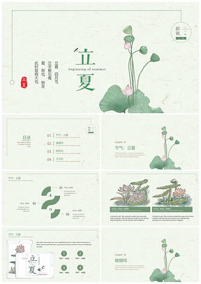 绿色24节气立夏简约清新荷花PPT模板