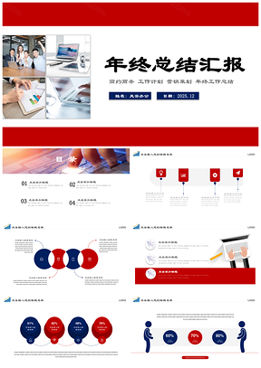 2025红色简约商务年终工作总结汇报通用PPT模板