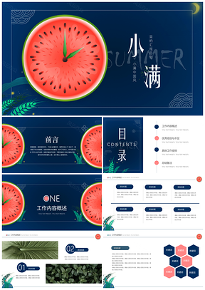 红色小满夏日简约中国风汇报总结PPT模板