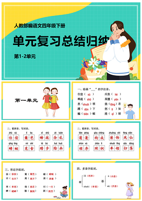 绿色人教部编语文四年级下册期末复习第1-2单元复习PPT模板