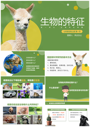绿色初中生物七年级上册《生物生物的特征》教育教学课件PPT模板