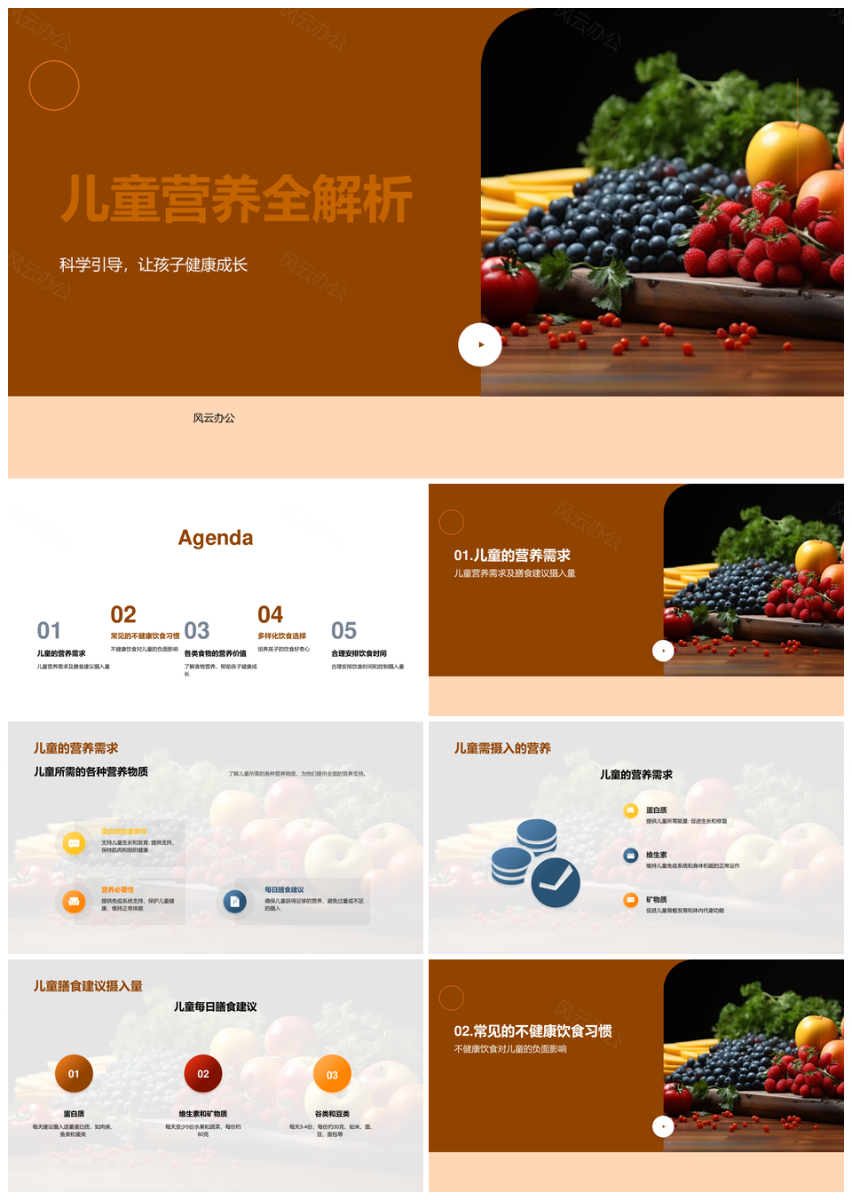 儿童健康饮食营养要素及蔬果摄入建议PPT模板
