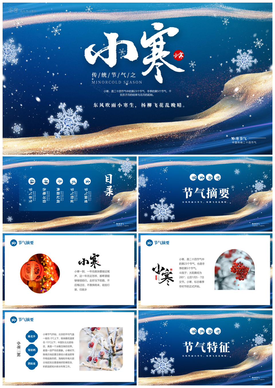 蓝色鎏金风二十四节气小寒科普PPT模板